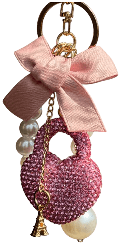 Llavero corazón con cristales rosas, lazo pastel y perlas en Nobleza Store